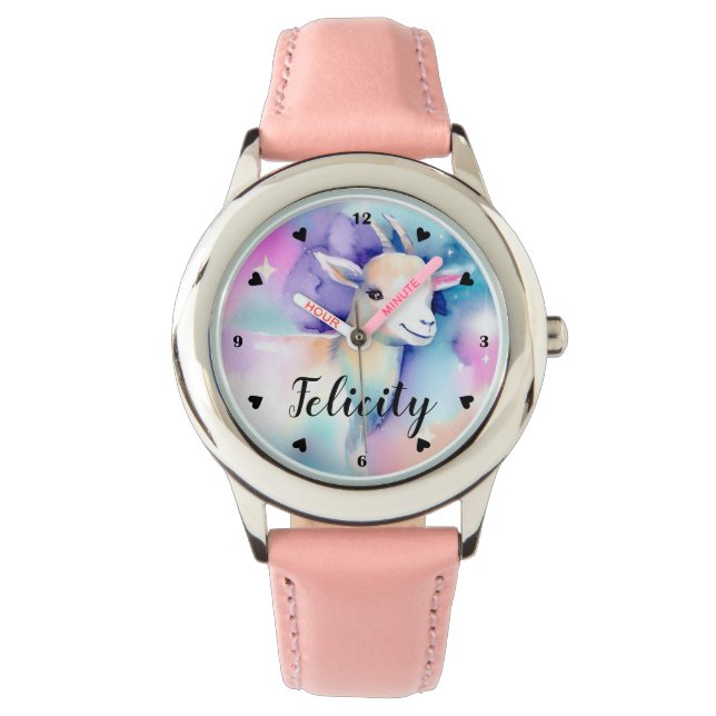 Montre Chèvre de bébé mignonne Arc-en-ciel Nuages Aquarel (devant)