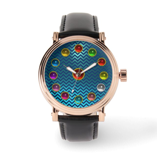 MONTRE CHEVRONS TURQUOISES BLEUS AQUA ET PIERRES DE JEUX  (Recto)