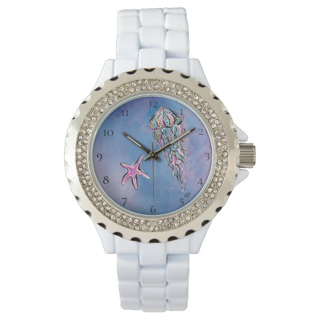 Montre *~* Chic Aquarelle Plage Mer Jelly Poisson étoile  (devant)