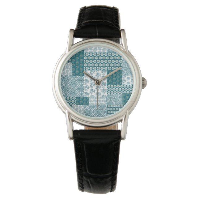 Montre Chic ethnique Faux Patchwork Motif, Turquoise et b (devant)