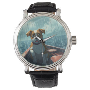 Montre Chien sur bateau dans l'océan sous la pluie