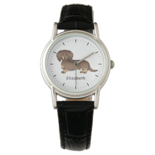 Montre Chien teckel à longs poils chocolat et feu & nom