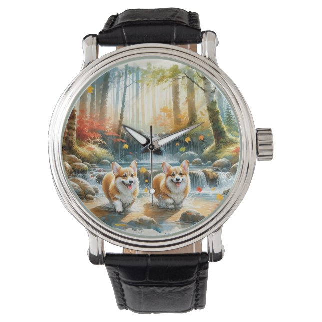 Montre Chiens De Corgi Dans Un Flux De Bois Aux Couleurs  (devant)
