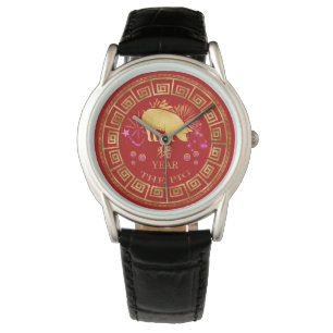 Montre Chinois Zodiac Pig Rouge/Or ID542