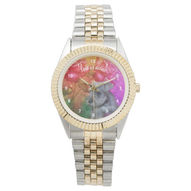 Montre Chiot Et Fleurs Schnauzer Miniature Personnalisé (devant)