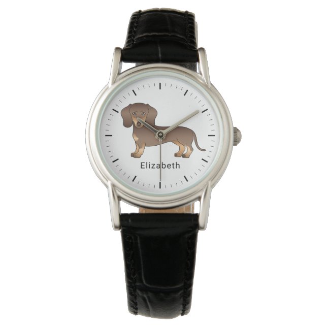 Montre Chocolat Et Tan Cheveux Court Dachshund & Nom (devant)