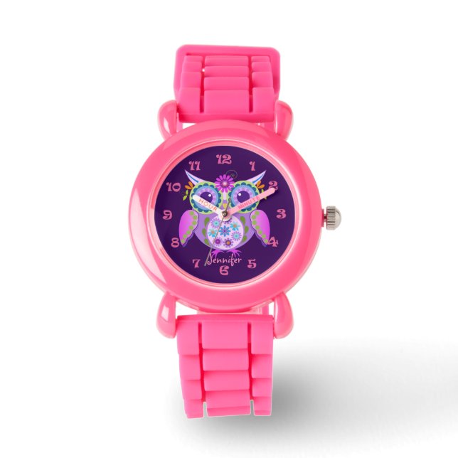 Montre Chouette à fleur mignonne, numéros d'horloge et no (Recto)