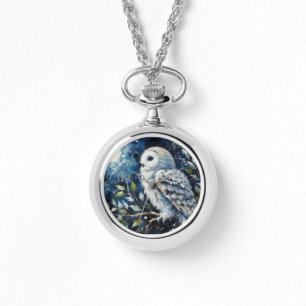 Montre Chouette blanche sur branche dans la peinture lune