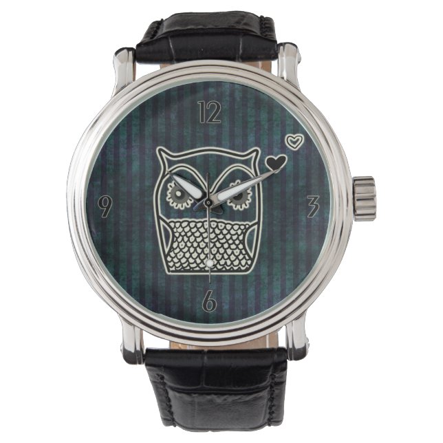 Montre Chouette Bleu Grunge Lanières En Cuir (devant)