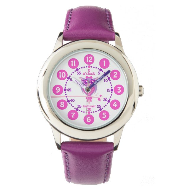 Montre Chouette mignonne bracelet violet et rose (devant)