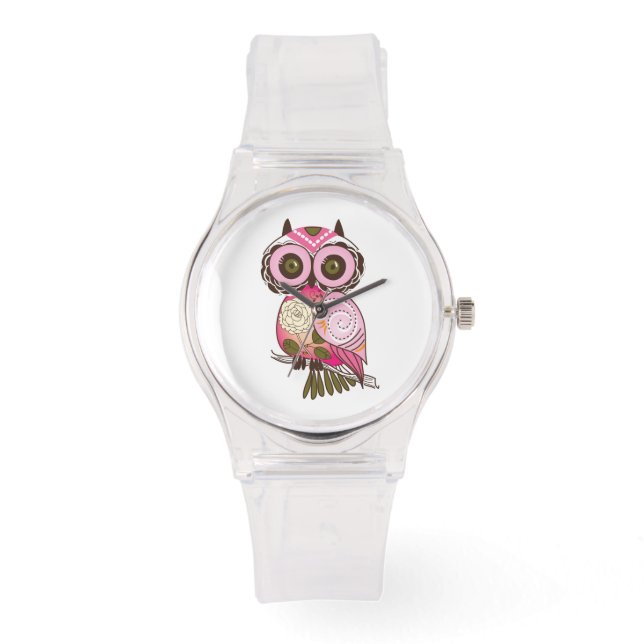 Montre Chouette rose Motif Abstrait lunaire (Recto)