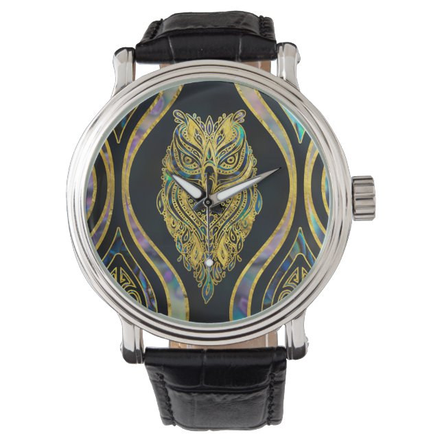 Montre Chouette tribale d'or sur Motif d'ormeau de Boho (devant)