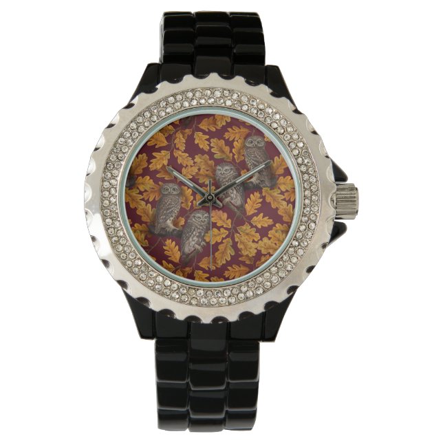 Montre Chouettes d'automne sur rouge foncé (devant)