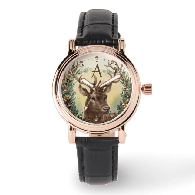 MONTRE CHRISTMAS DEER, PINE CONES COURONNE, GÈMES ROSES M (Recto)