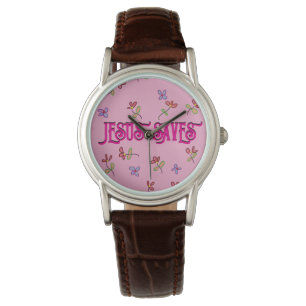 Montre Citation 'Jesus Sauve' avec impression florale sur