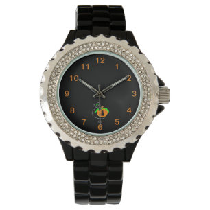 Montre Citrouille de chat noir Rhinestone Black Enamel Wa