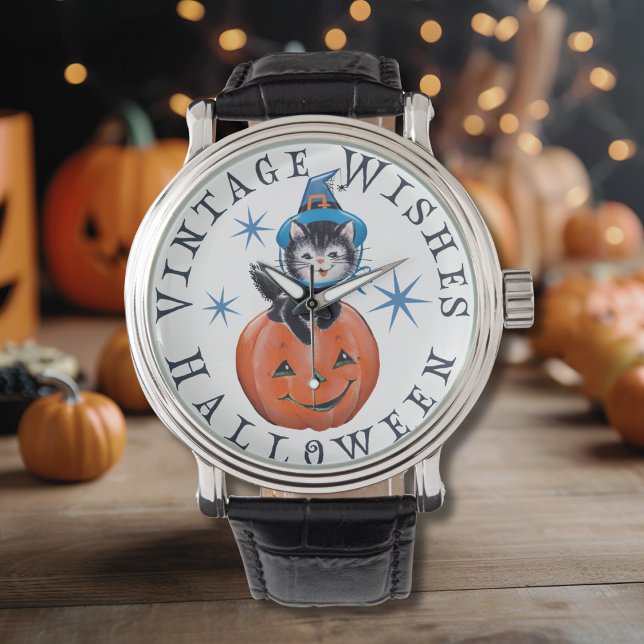 Montre Citrouille Vintage rétro Chat Halloween Wis (Retro Vintage Pumpkin Cat Halloween Wishes Watch)