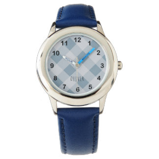Montre Classic Elegant Blue Gingham Plaid & Custom Name 