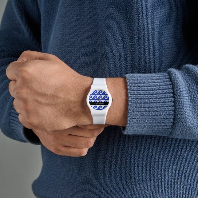 Montre Clé de méandre grecque, Clé de vague, Bleu, Votre  (main)