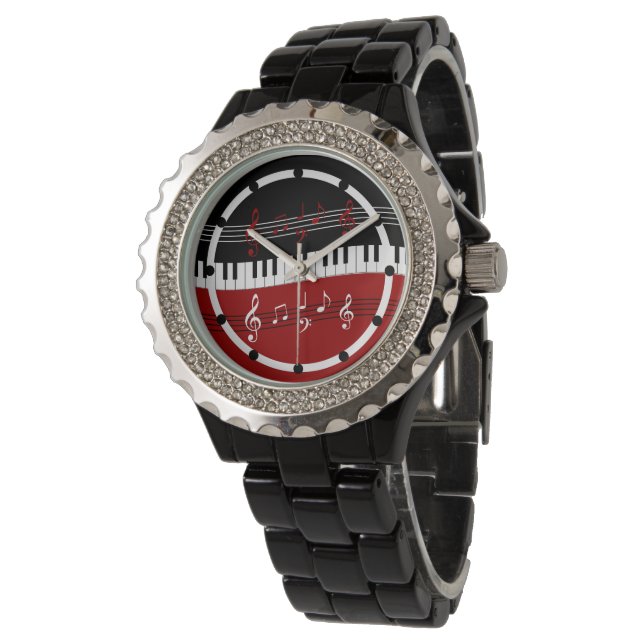 Montre Clés et notes de piano noir rouge élégant (Incliné)