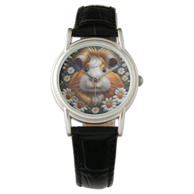 Montre Cochon de Guinée brodé avec marguerites (devant)