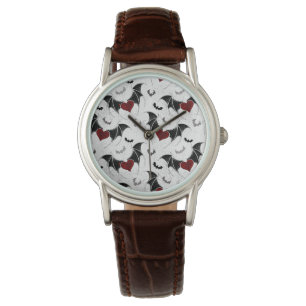 Montre Coeur d'Halloween avec ailes de chauve-souris noir