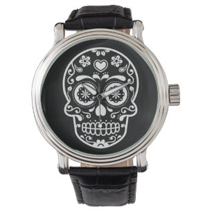 Montre Coeur noir et blanc de crâne de sucre