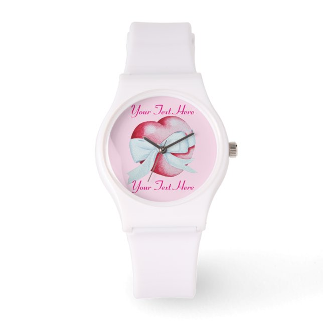 Montre coeur rouge attaché avec arc blanc romantique (Recto)