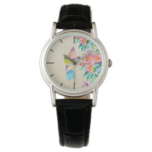 Montre Colibri et fleurs d'aquarelle