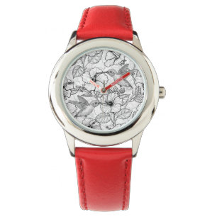 Montre Colibris et fleurs d'hibiscus b&w
