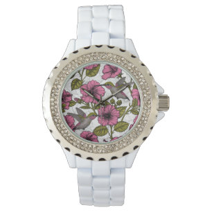 Montre Colibris et fleurs d'hibiscus roses