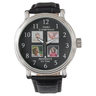 Montre Collage photo personnalisé 4 Nom de famille Noir