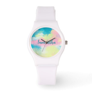 Montre Coloré pastel rétro arc-en-ciel des nuages rêvés