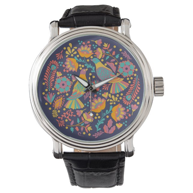 Montre Colorful Mexican Folk Art Birds and Flowers Blue (devant)