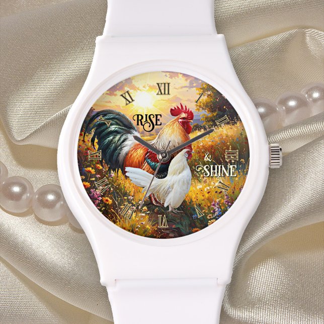 Montre Colorful Rise and Shine Rooster (Rise and shine watch featuring a colorful painting of two roosters at sunrise)