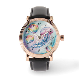 Montre Conception aquarelle de méduses arc-en-ciel fantai