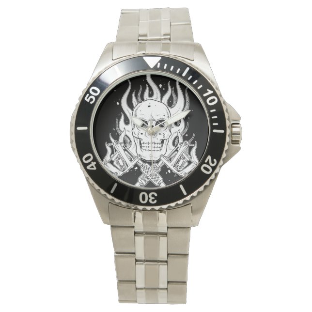 Montre Cool classique noir blanc tatouage crâne outil de  (devant)