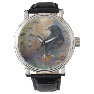 Montre Corbeau peint à la main avec Fleurs sauvages