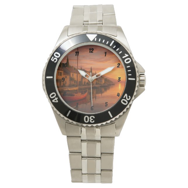 Montre Coucher De Soleil Doré Sur Le Village Côtier (devant)