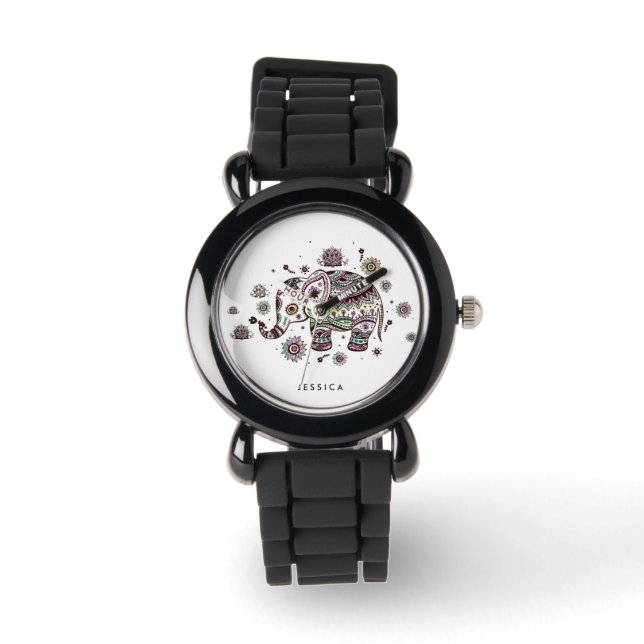 Montre Couleurs pastel mignonnes Eléphant floral (Recto)