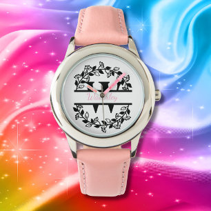 Montre Couronne florale noire moderne monogramme fendu "W