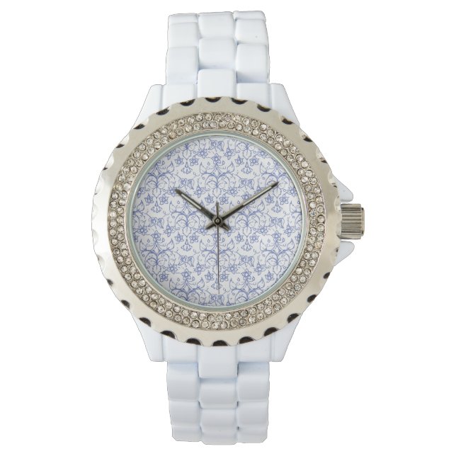 Montre Coutume Pervent bleu sur blanc Décoratif Floral (devant)