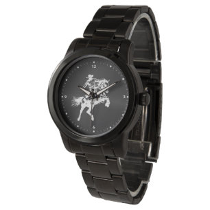 Montre Cow-boy sur un cheval Face noire chiffres blancs