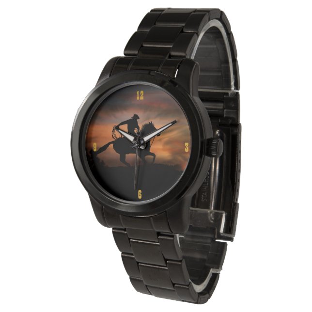 Montre Cowboy à cheval Racing au coucher du soleil (Incliné)
