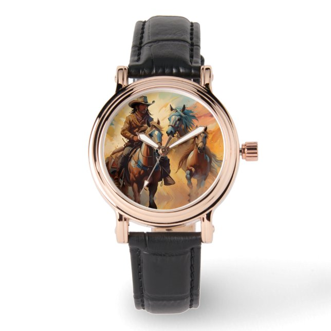 Montre Cowboy Chevaux Occidentaux bleu Tan Collage (Recto)