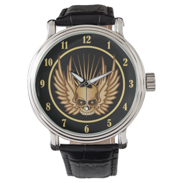 Montre Crâne à ailes dorées (devant)