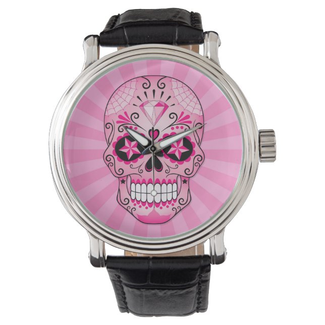 Montre Crâne à sucre rose diamant (devant)