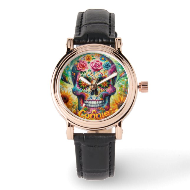 Montre Crâne à sucre Roses tournesol personnalisé (Recto)