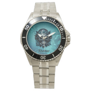 Montre Crâne bleu foncé avec roses.