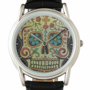 Montre Crâne en sucre, style hippie Flower-Power ou gothi